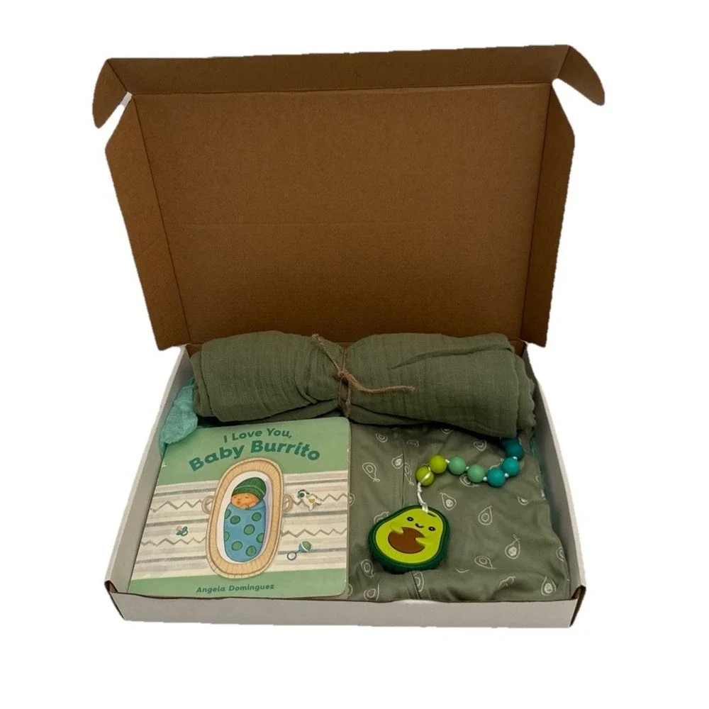 New Unisex Avocado Baby Shower Theme Gift, Avocado PJ's, Book, Teether & Blanket